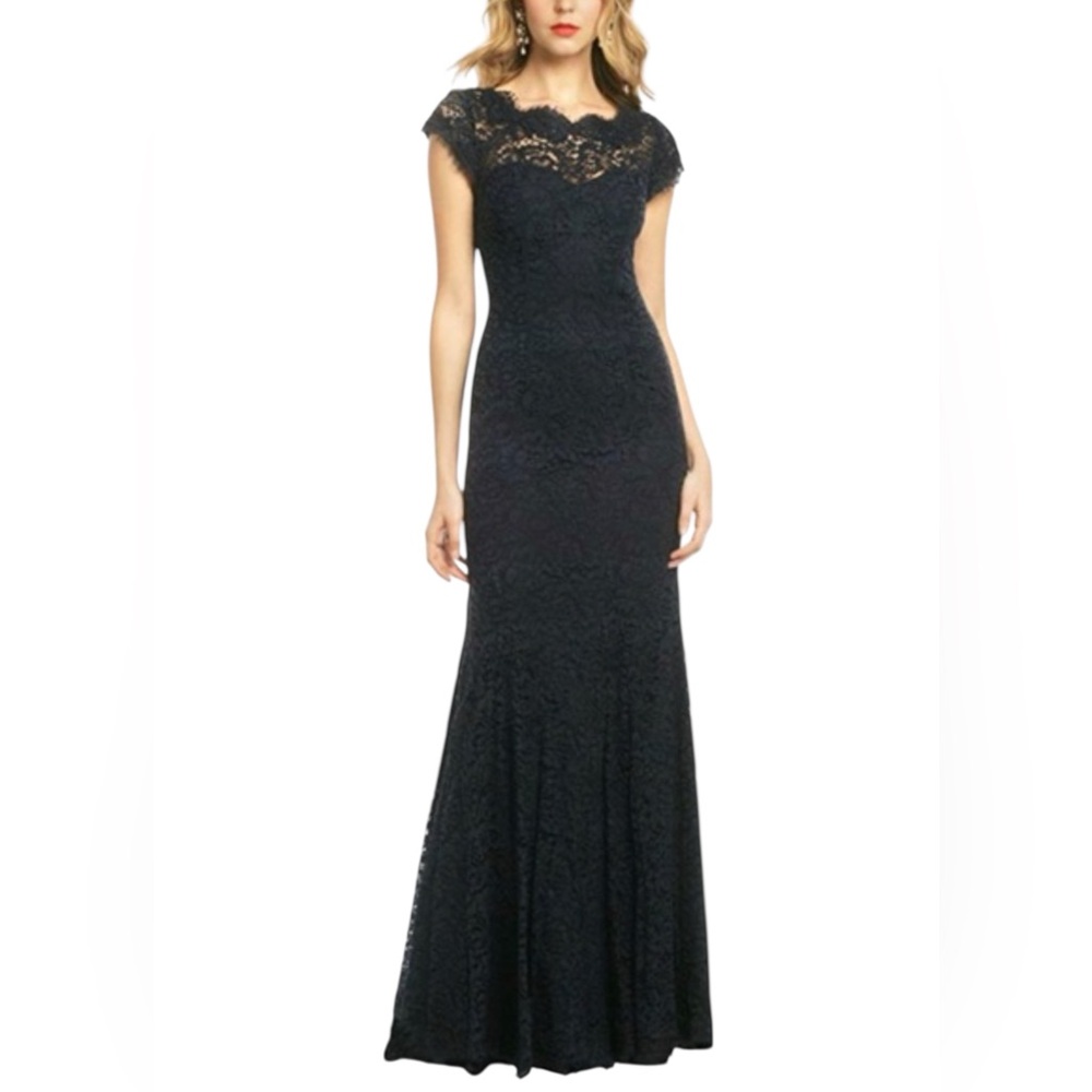 Rephyllis Black Lace Dress Cap Sleeve Scalloped Neck Mermaid Hem Evening Gown